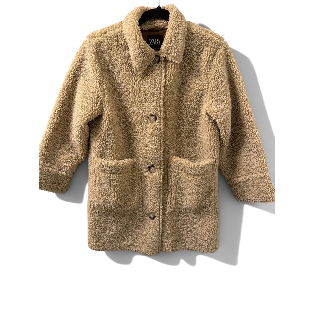 Zara Kids Sherpa Fleece Coat Tan Beige Faux Shearling Button Front Jacket 11-12